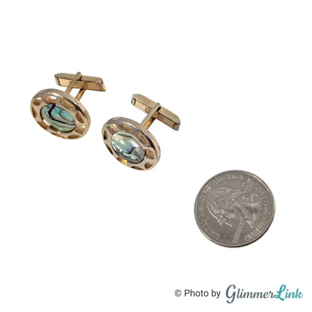 Vintage Swank Round Abalone Shell Whale Back Gold Tone Cufflinks